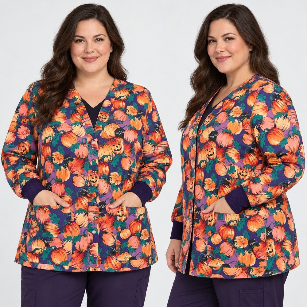 Vintage Halloween Scrub Jacket Purple Pumpkin Black Cat Snap Front Warm Up XL